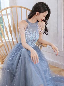 Picture of Blue Beaded and Lace Applique Long Party Dresses, Blue Formal Dress